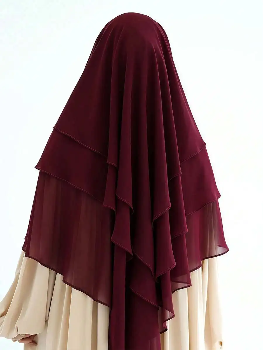 

Womens Three-Layer Chiffon Khimar Asymmetrical Face Veil Solid Color Muslim Headscarf Shawl