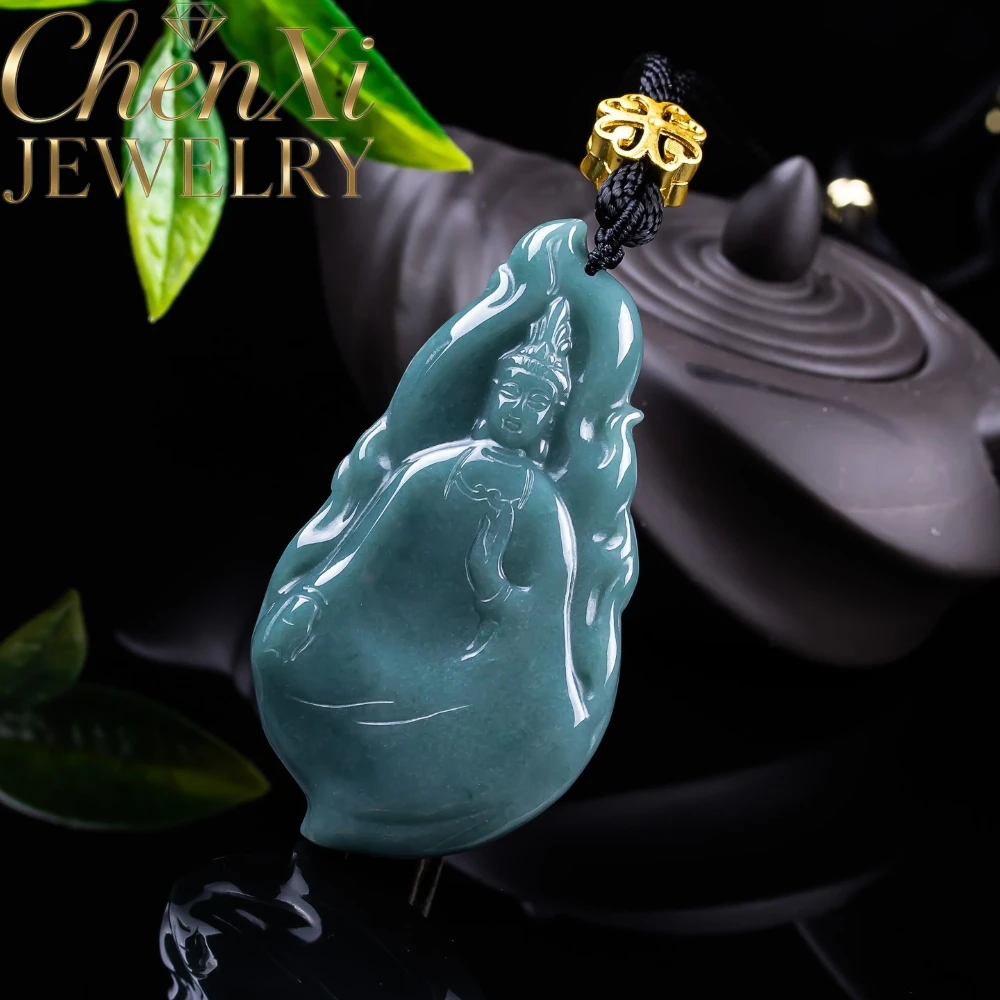 Authentic Natural A-Grade Myanmar Blue Water Icy Translucent Jadeite Guanyin Pendant Elegant Fashion Jewelry Exquisite Elegant