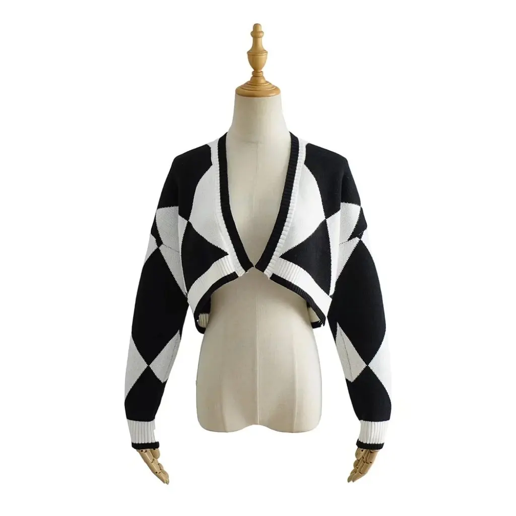 

Women's Loose Slimming Contrast Plaid Knitted Cardigan Short Long-Sleeved Jacket Autumn Fashion Outerwear