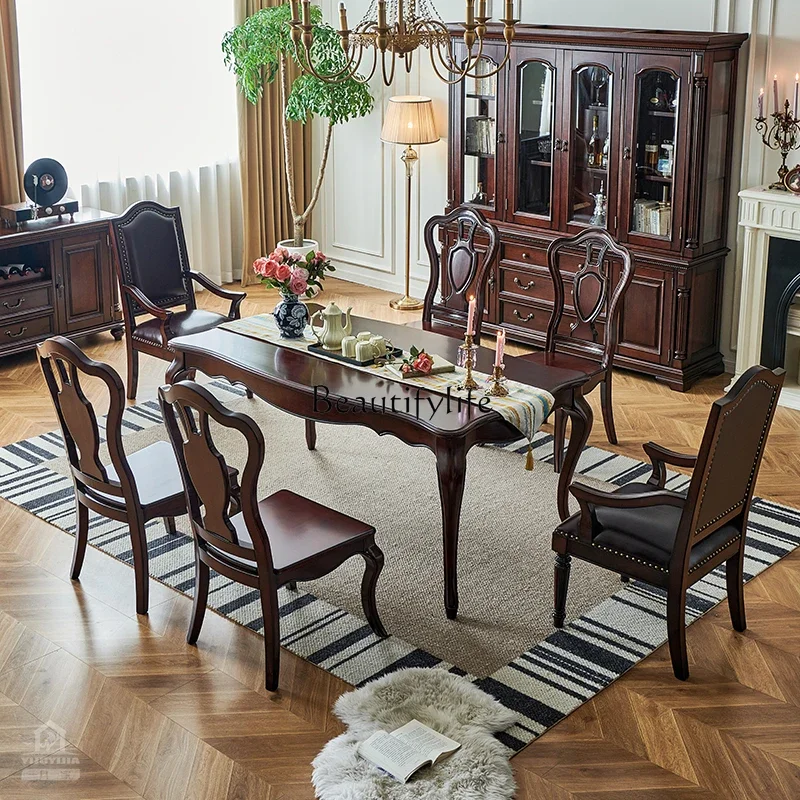 American solid wood dining table retro all solid wood gold silk teak rectangular dining table and chair combination