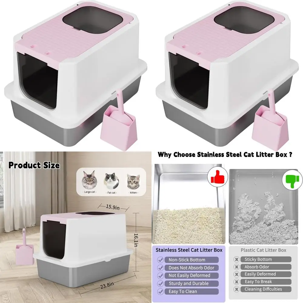 

Розовый лоток для кошек из нержавеющей стали с защитой от запаха и верхним входом для крупных кошек - с антипригарным покрытием, защита от протеканий