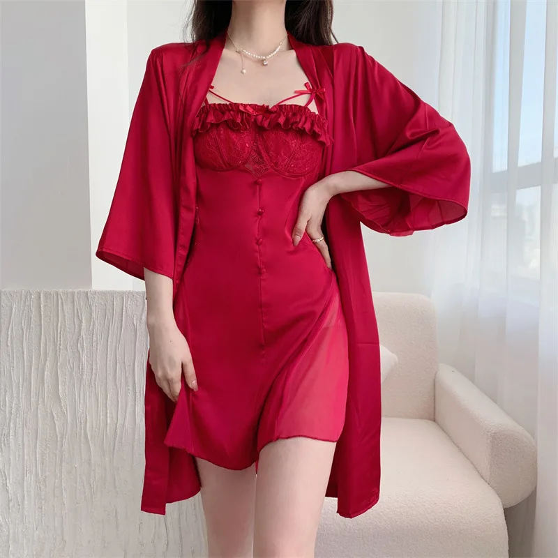 Bride Wedding Robe Set Burgundy Lace Nightgown Sleepwear Women Kimono Bathrobe Summer Nightdress Satin Dressing Gown Loungewear