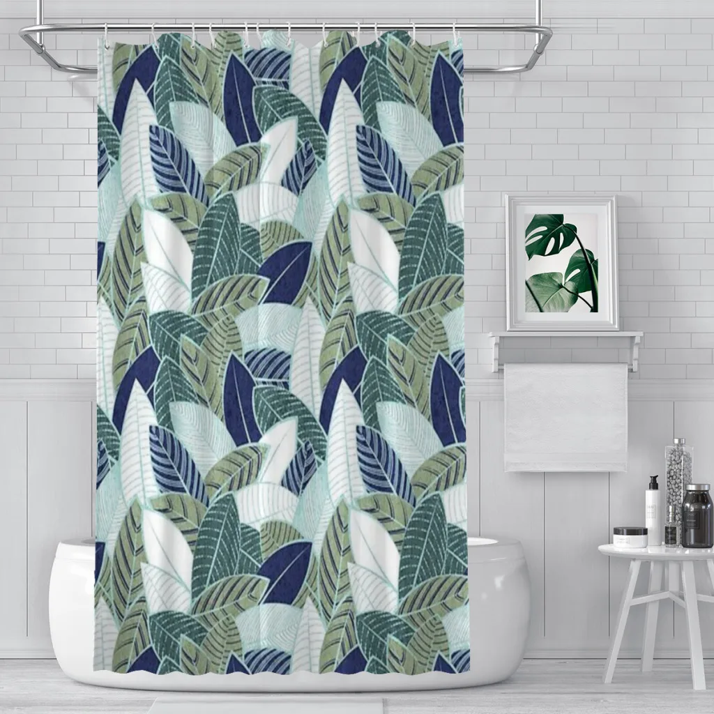 

Shower Curtain Leaf wall navy blue pine and sage green leaves mint Fabric Shower Curtain Set with Hooks Bathroom Decoration