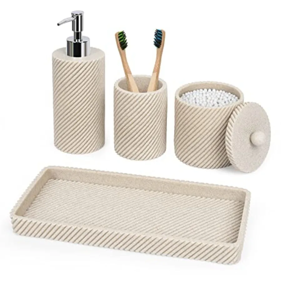 

Beige Bathroom Accessories Set 4 Pcs - Toothbrush Holder Lotion Soap Dispenser Q-tip Holder Dispenser Vanity Tray for Counterto