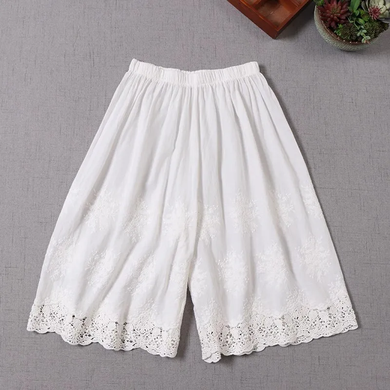 

Леггинсы в японском стиле Mori Girl из чистого хлопка с вышивкой, повседневные брюки, женские однотонные кружевные широкие брюки с кружевной отделкой, весенне-летний новый стиль