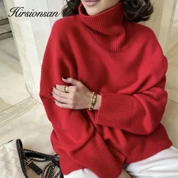 Hirsionsan-Suéter feminino de cashmere com pescoço tartaruga, estilo coreano, elegante, grosso, quente, pulôveres de malha feminina, casual solto, 2021