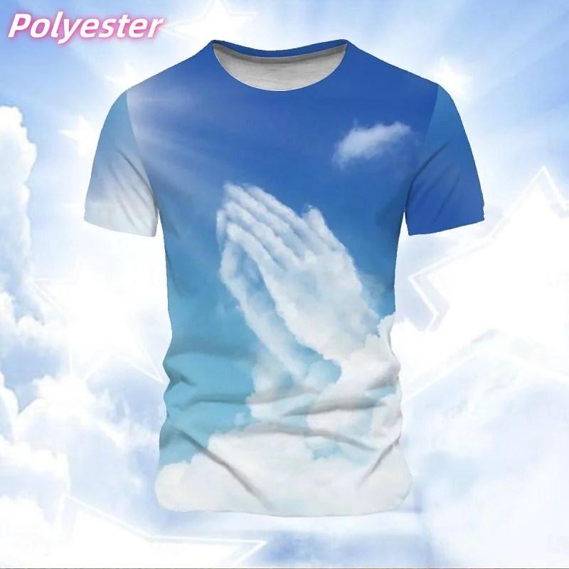 3D Printed Cloud Ladder T-shirt For Men Cross Wings Pattern Tees Summer Casual Round Neck Short-sleeved T Shirts Street Tops