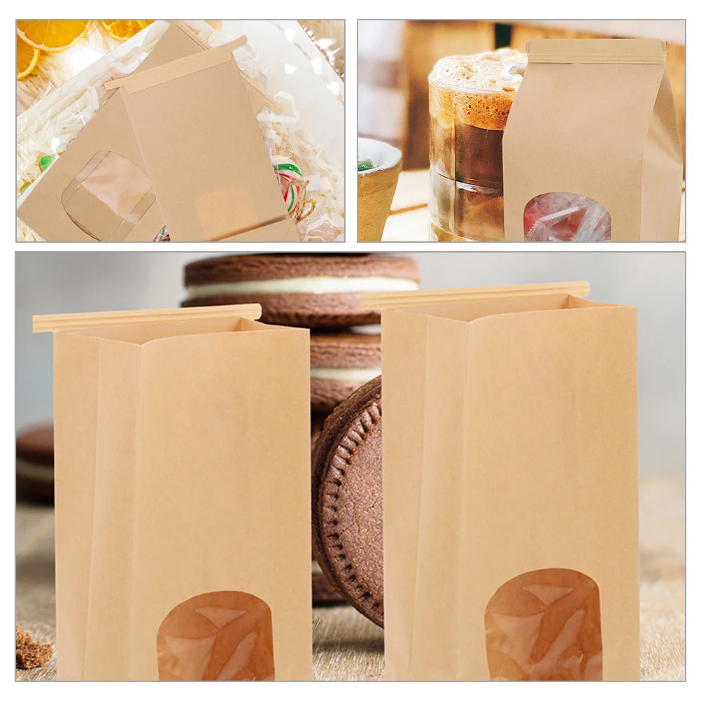 50 Pcs Baking Paper Bag Tin Tie Tab Lock Bags Greaseproof Bakery with Window Brown for Cookies Toast