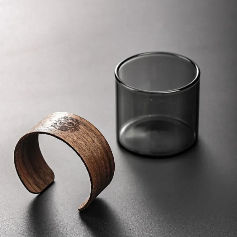 Japanese Style Heat-resistant Glass Tea Cup with Scald Proof Wooden Holder Kungfu Tea Set Master Cup Household Coffee Mug