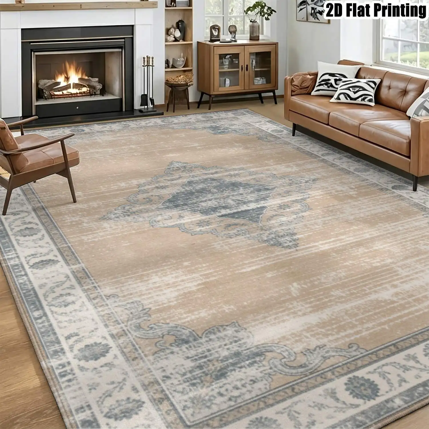 1Pc 2D Printed Retro Blue Brown Geometric Pattern European Bohemian Carpet, Multi-Size, Machine Washable, for Living Room Bedroom Dining Room Entrance Study Home Decoration
