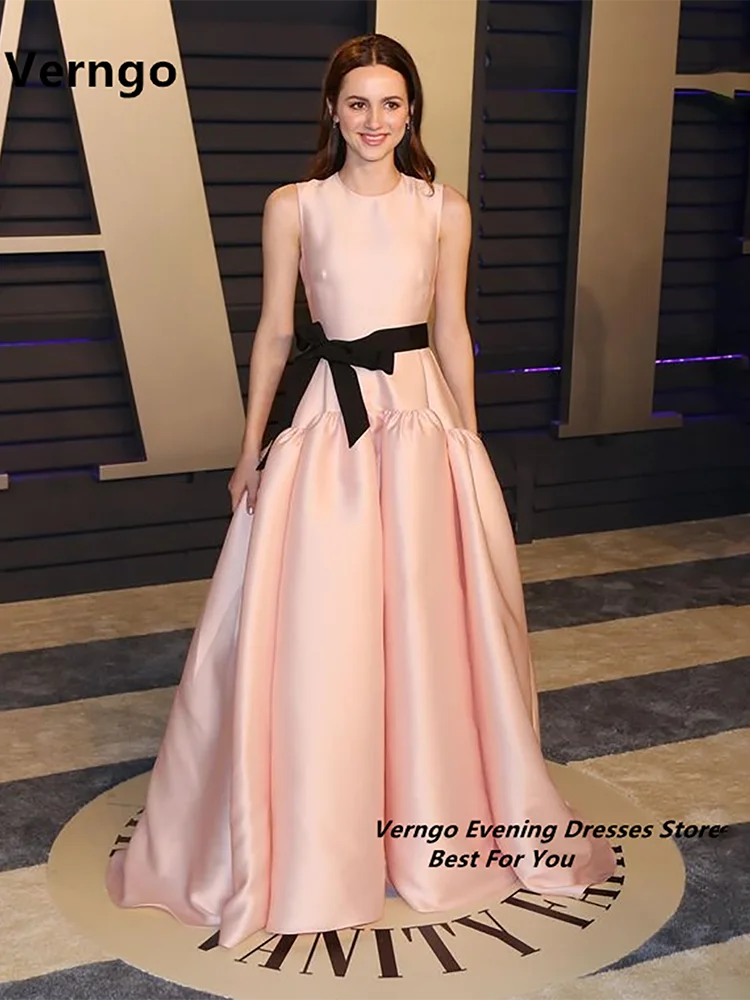 

Verngo Pink Contrast Color Party Dress Long Sleeveless O Neck Evening Gown Belt Bow A Line Satin Korea Birthday Dress