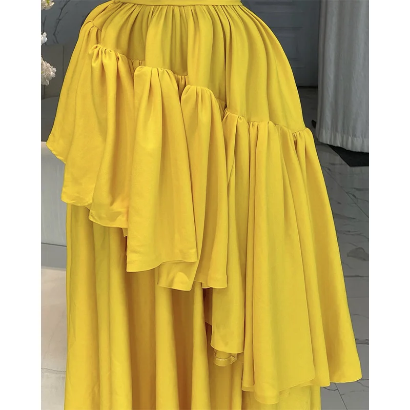 Gouden gegolfde V-hals flare geplooide mouwen maxi-jurk, A-lijn ruches lange feestjurk, couture voor dames, bruidsmeisjes avond