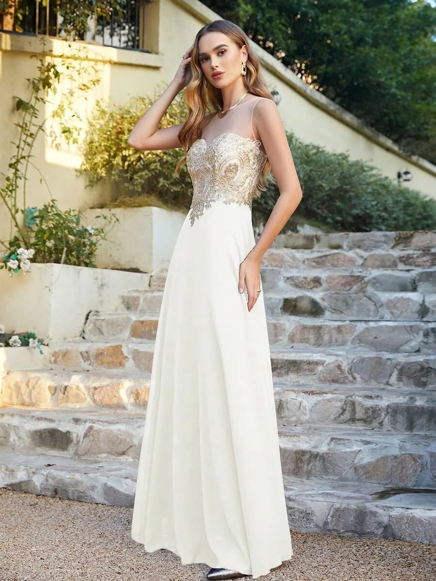 BABYONLINE Boho WeddingDresses Illusion Sweetheart Gold Appqulies Bodice  Elegant Gown Chiffon A-line Skirt Mermaid Bridal Gowns