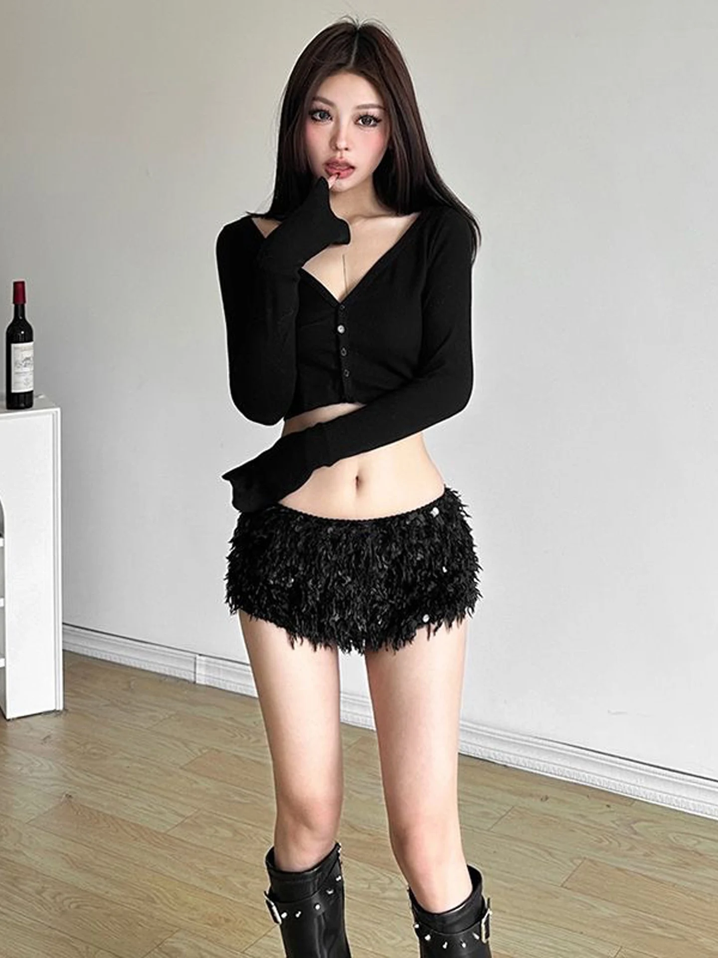 Retro Sparkling Sequin Plaid Plush Short Pants Women's Casual Slimming Design Sensation Autumn New Style Low Waist Elastic
