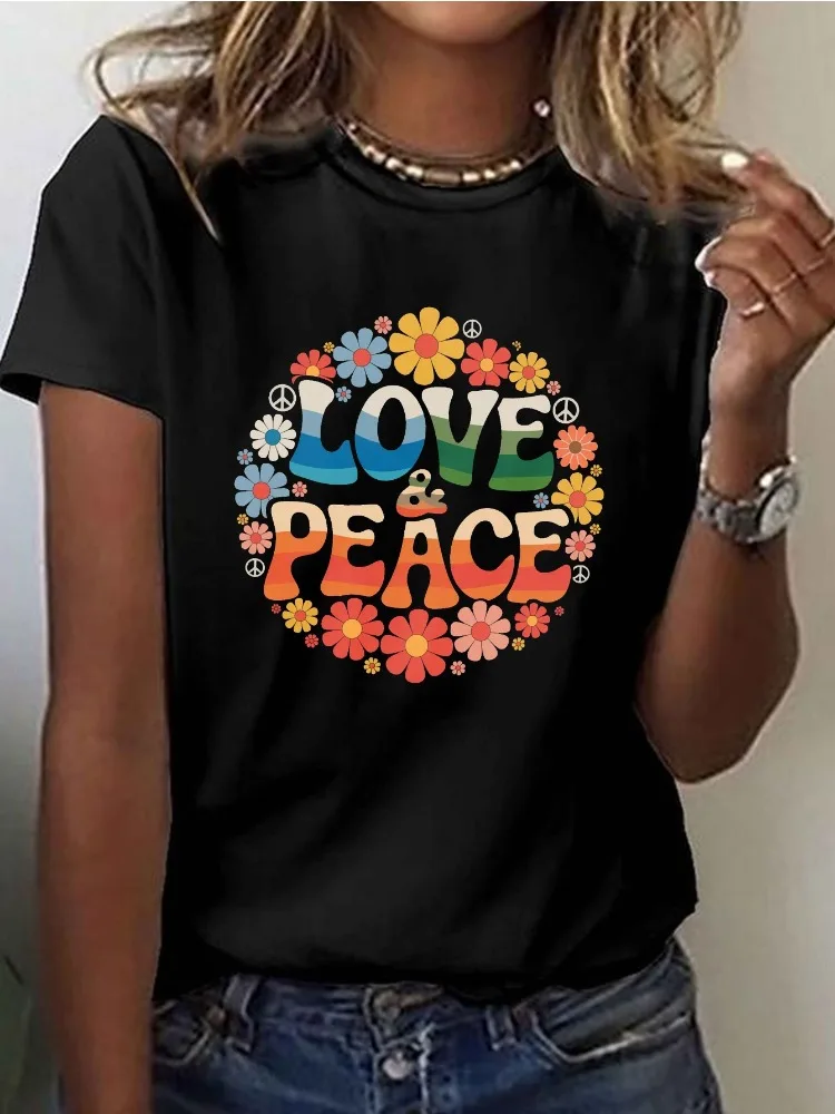 

Women's Hippie-Style LOVE & PEACE Print T-Shirt Crew Neck Short Sleeve Casual Top Featuring Vibrant Floral and Peace Symbols
