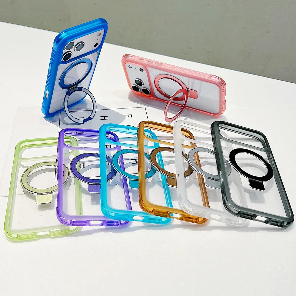 

Прозрачный акриловый чехол-подставка с металлическим кольцом и вращающейся подставкой для iPhone 17 Pro Max 17 Air 16e 16 + 15 Pro 14 13 12 Защитная крышка