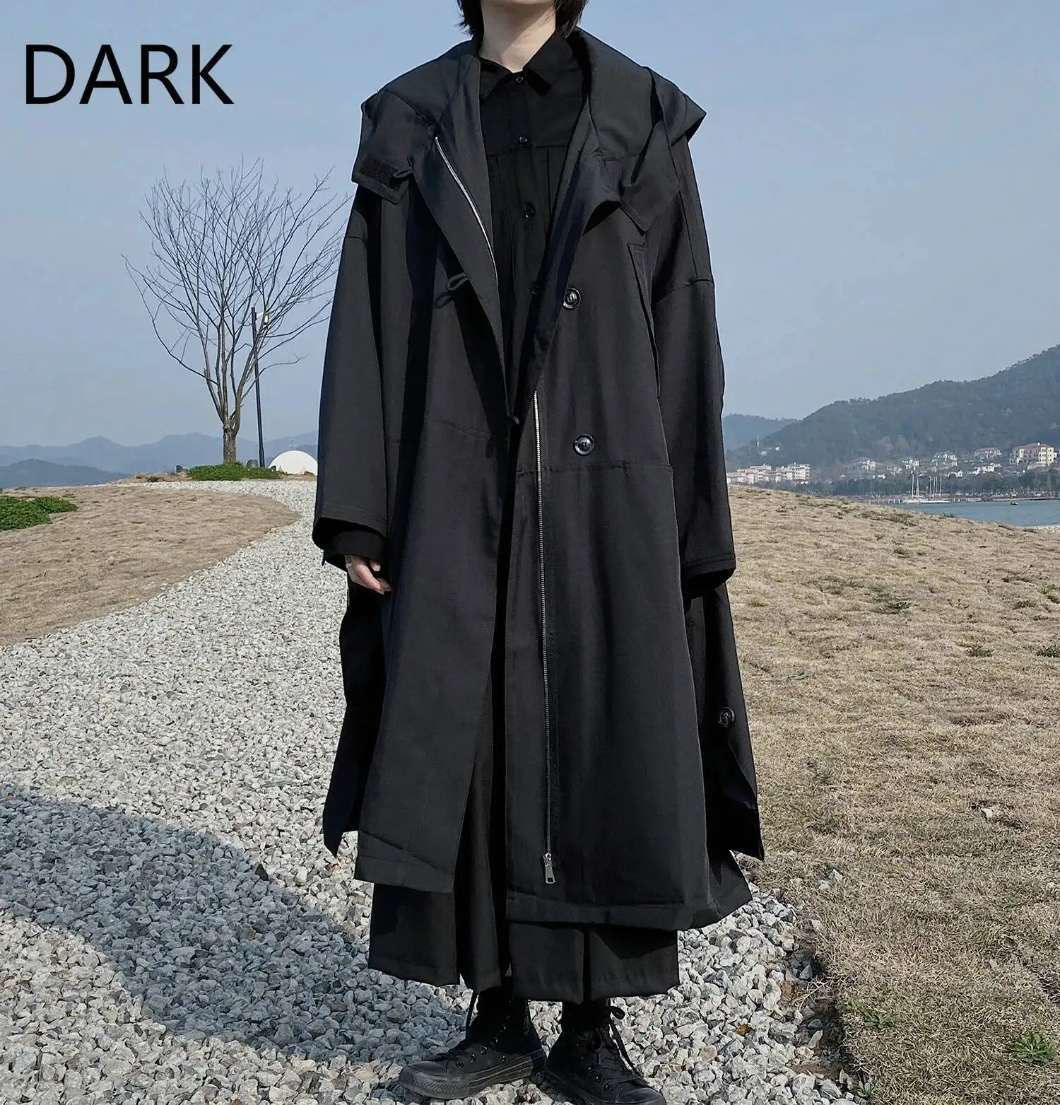 

UMI MAO Yamamoto Dark Female Coat Spring Autumn Niche Heavyweight Design Loose Hooded Long Cardigan Windbreaker Jacket Femme