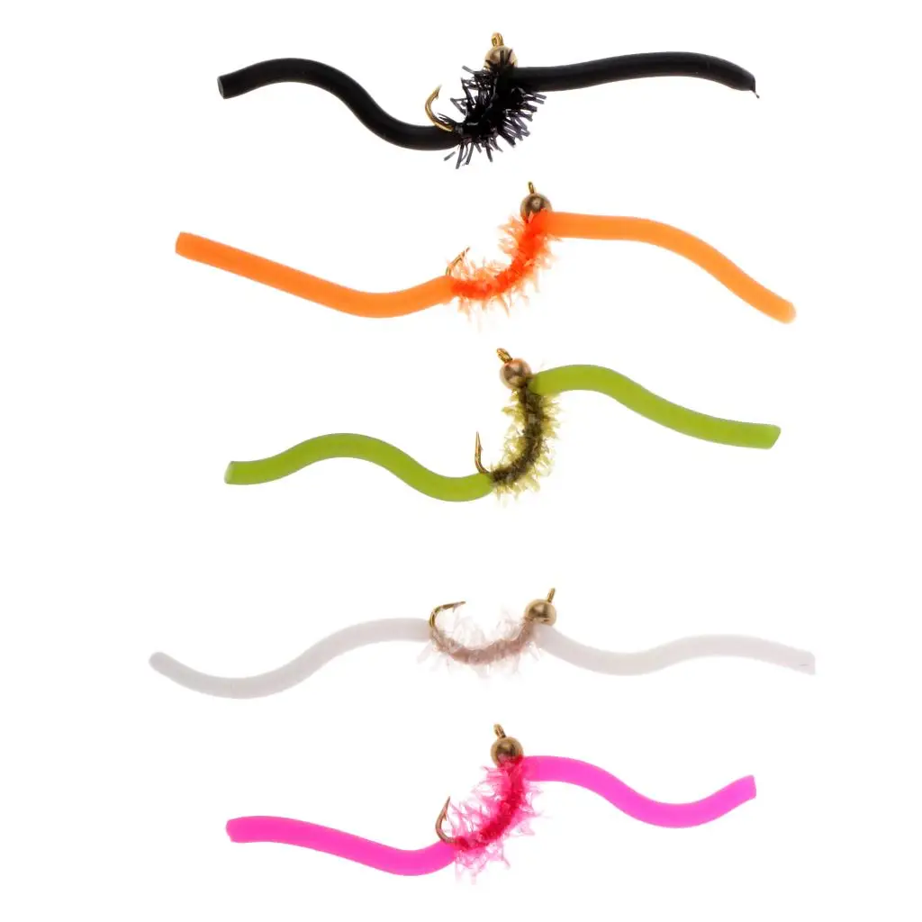 5 Pcs Worm Wet Nymph Trout Fly Fishing Baits Mixed Colors