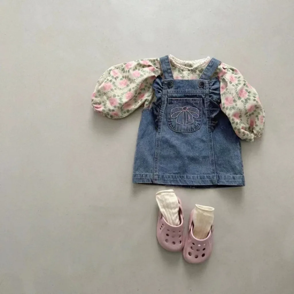 2025 outono novo bebê menina sem mangas denim cinta vestido infantil da criança bonito arco bolso vestido casual moda princesa estilingue vestido