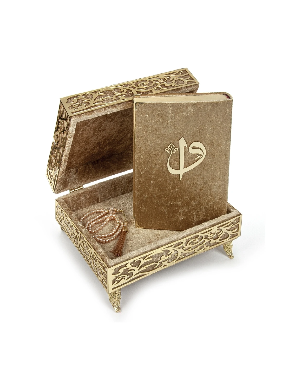 Special Elif Vav Plexi Decorated Gift Velvet Coated Footed Chest Quran Cream