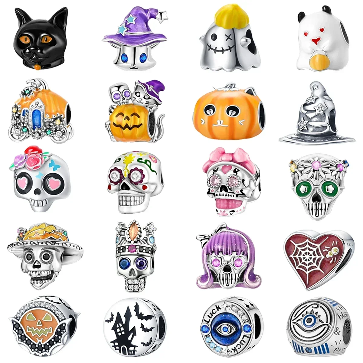 

Original 925 Sterling Silver Halloween Gift Magic Cat Ghost Pumpkin Witch Skull Bat Beads Charms for Pan‘’s Bracelet Jewellery