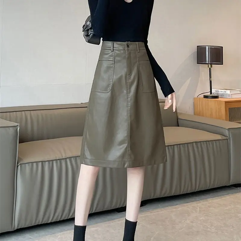 

Large leather women's clothing autumn and winter new pocket high waist thin hip wrap a word middle skirt
