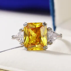 Huitan Geometric Shaped Yellow Cubic Zirconia Rings Silver Color Wedding Bands for Women Brilliant Accessories Party Jewelry