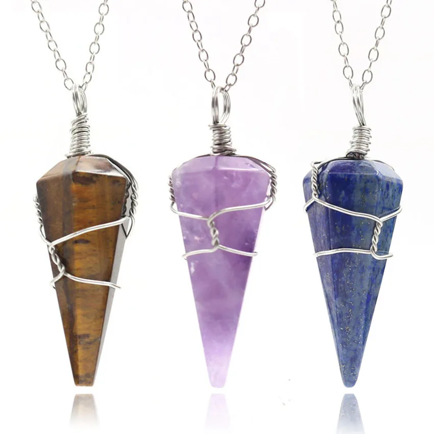 2022 Hexagonal Cone Crystal Winding Pendant Natural Stone Quartz Pendant Healing Point Silver Color Wire Wrap Pendants for Women