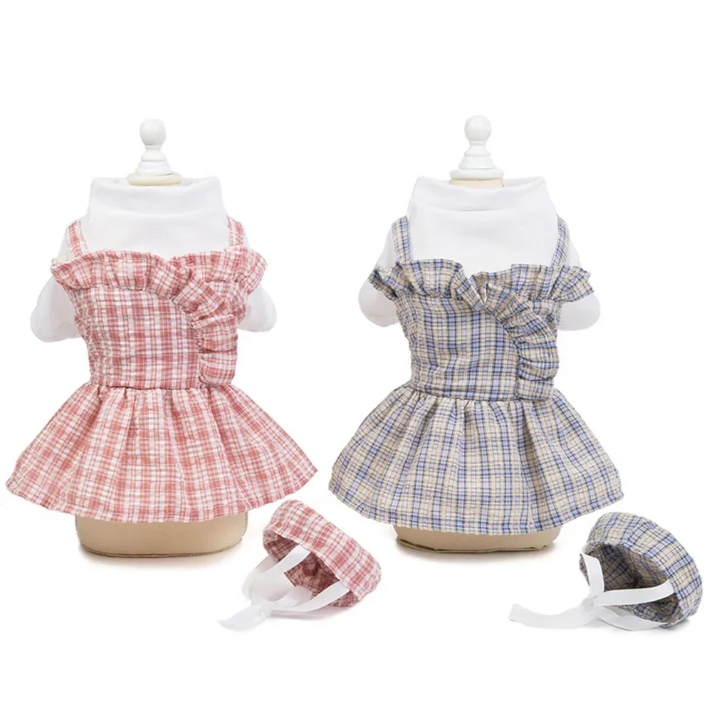 Summer Pet Shirt Plaid Dresses for Small Dogs Girl Adorable Costumes Hat Skirts for Cats Puppy Kittens Chihuahua Clothes Apparel