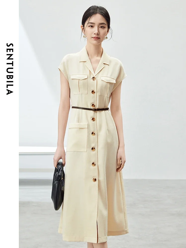 

SENTUBILA Button Up Shirt Dresses for Women 2024 Office Lady Elegant Commute Summer Midi Dress with Leather Belt 142L54258