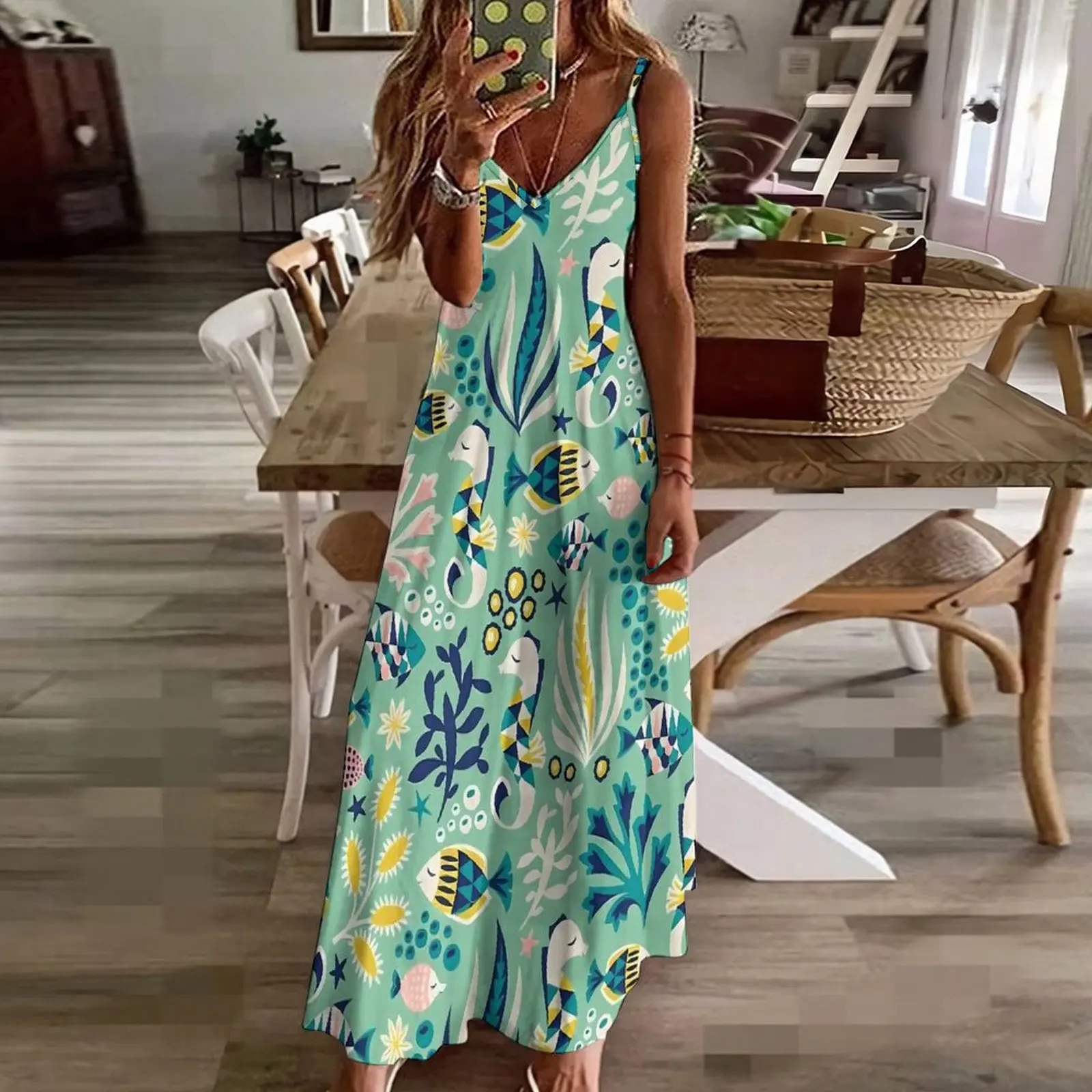 Cartoon Sea Fish Dress Floral Print Night Club Maxi Dress Strap Street Fashion Boho Beach Long Dresses Summer V Neck Clothing