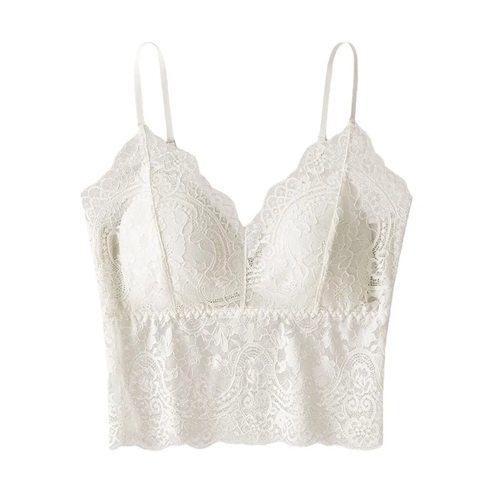 

French Lace Crop Top with Chest Pad Seamless Girl's Vest Top V-Neck Can Be Worn Outside Camisole with Pads Underwear Tank Top