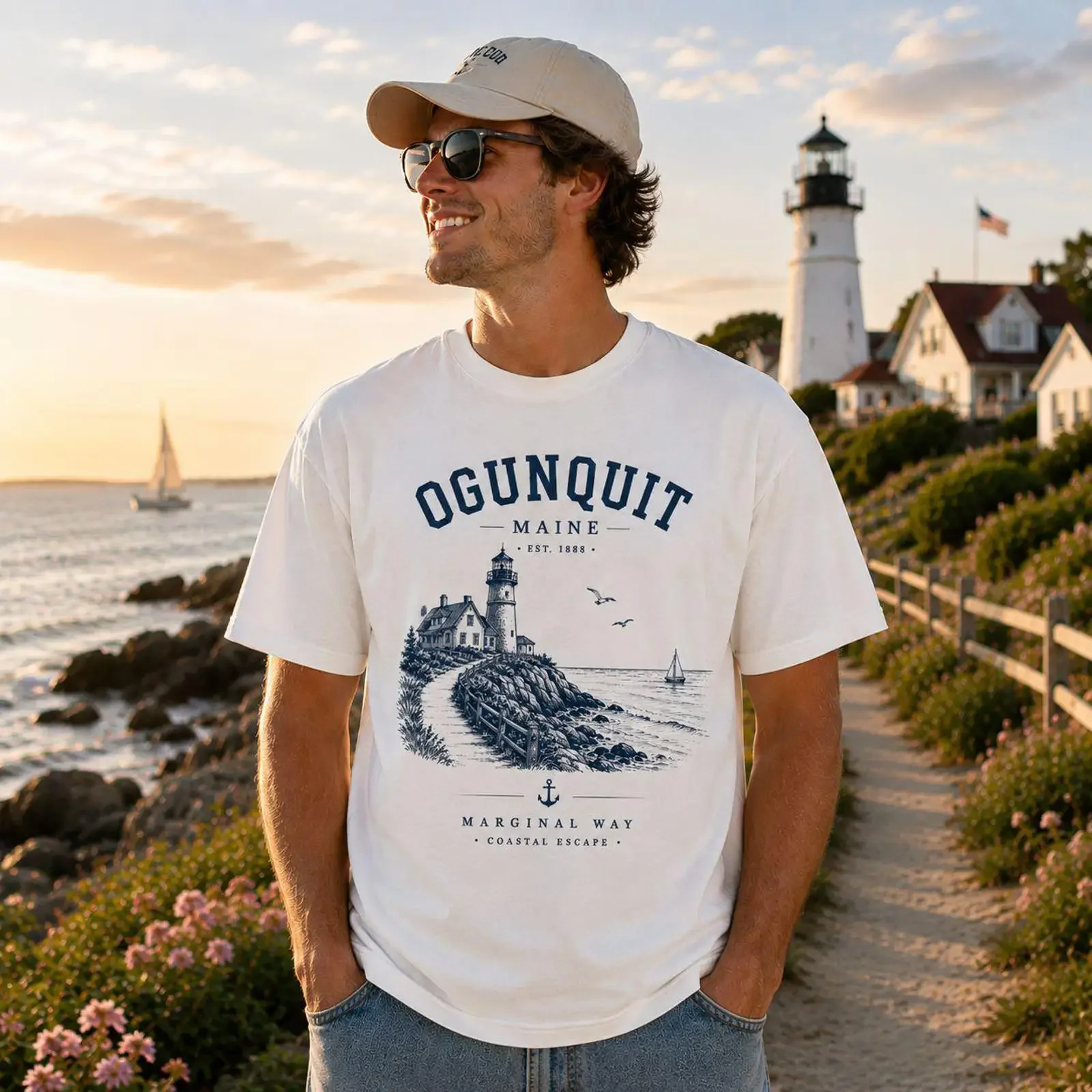Ogunquit Maine White T Shirt Coastal Lighthouse Vintage New England vintage Washed Comfortable Slightly Stylish streetwear
