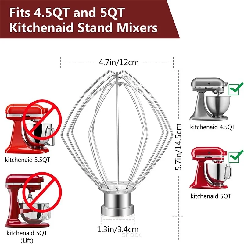 5Q 6Q Wire Whip Attachment for Tilt-Head Stand Mixer for KitchenAid Stainless Steel Egg Cream Stirrer, Flour Cake Balloon Whisk