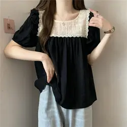 Casual Ruffles Patchwork Loose Blouse Summer New Short Sleeve Contrast Plus Size Korean Shirt Tops Sweet Fashion Women Clothing