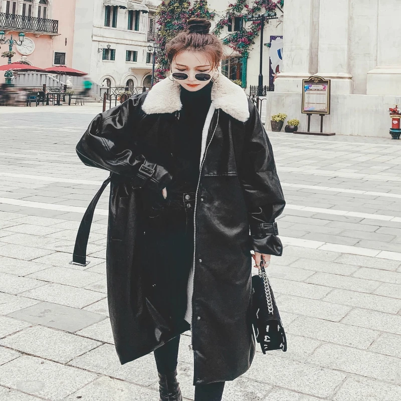 

2025 Winter Women PU Leather Parka Coat Long Down Jacket Loose Fit Fashion Outerwear
