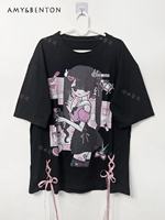 Subculture Ribbon Strap Anime Print Goth T-shirt Women Mine Cute Short-sleeved Graphic T Shirts Summer Japanese Style Kawaii Top