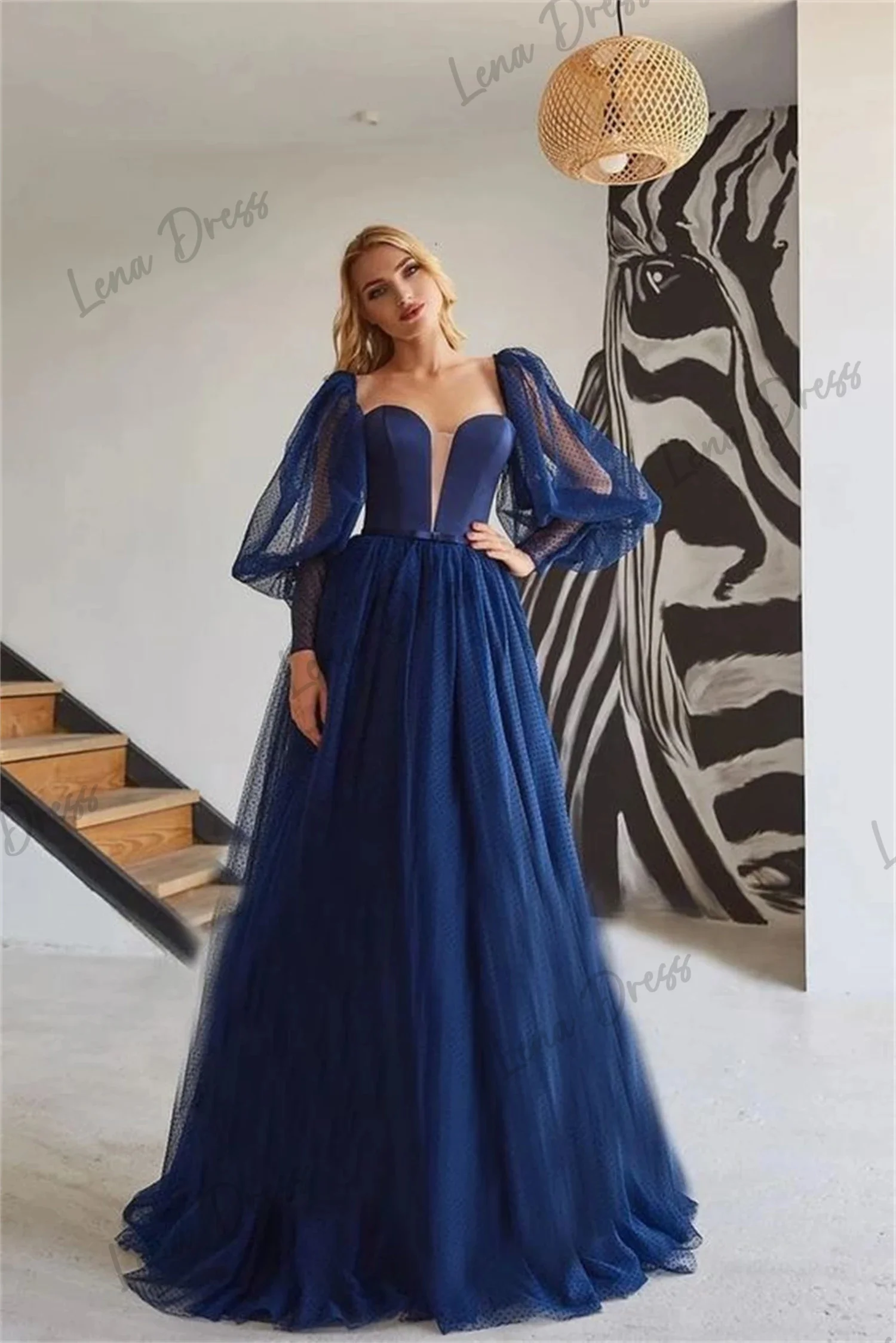 

Lena-Navy Blue Luxury Evening Dress 2024 Elegant Women's Evening Dress Line A Evening Dress Women's Bubble Sleeve Party