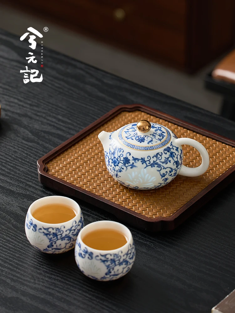 Blue and White Jade Porcelain Exquisite Set Household Teapot Tea Cup Gift for Elders Father's Day
