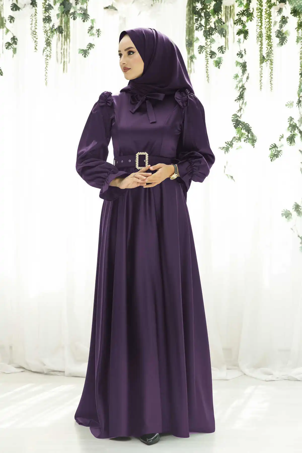 Kemerli Satin Evening Dress Purple