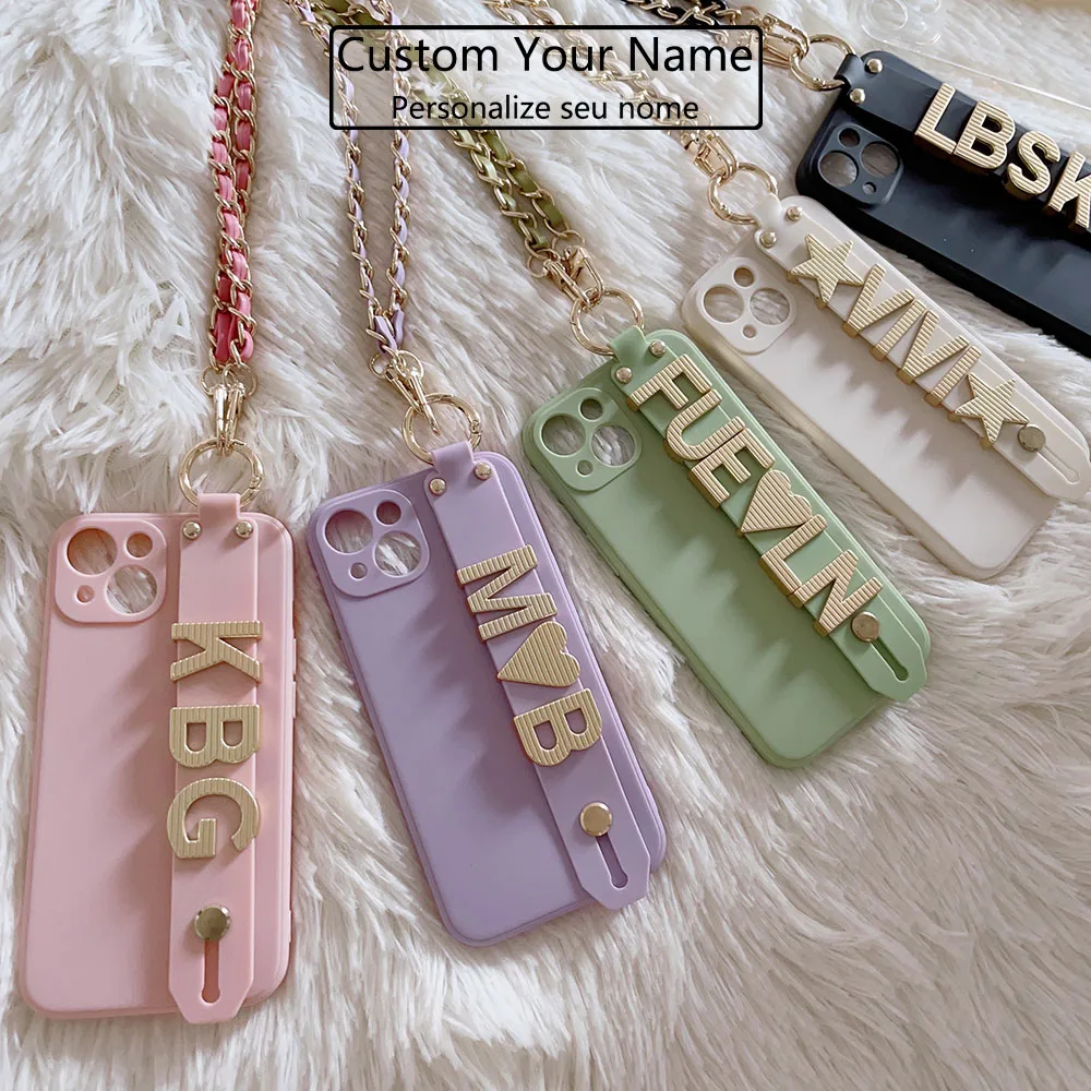 

Custom Name Gold Letters TPU Lanyard Phone Case For iPhone 11 12 16pro 13Pro Max 14 pro max For Samsung Personalized Chain Cover