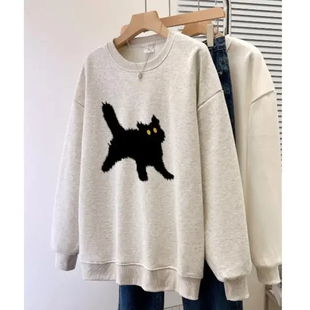 Autumn 2024 Women Sweatshirts Oversized Round Neck Cartoon Cat Print Long Sleeved Thin Hoodies Female Casual Pullover Unisex Top