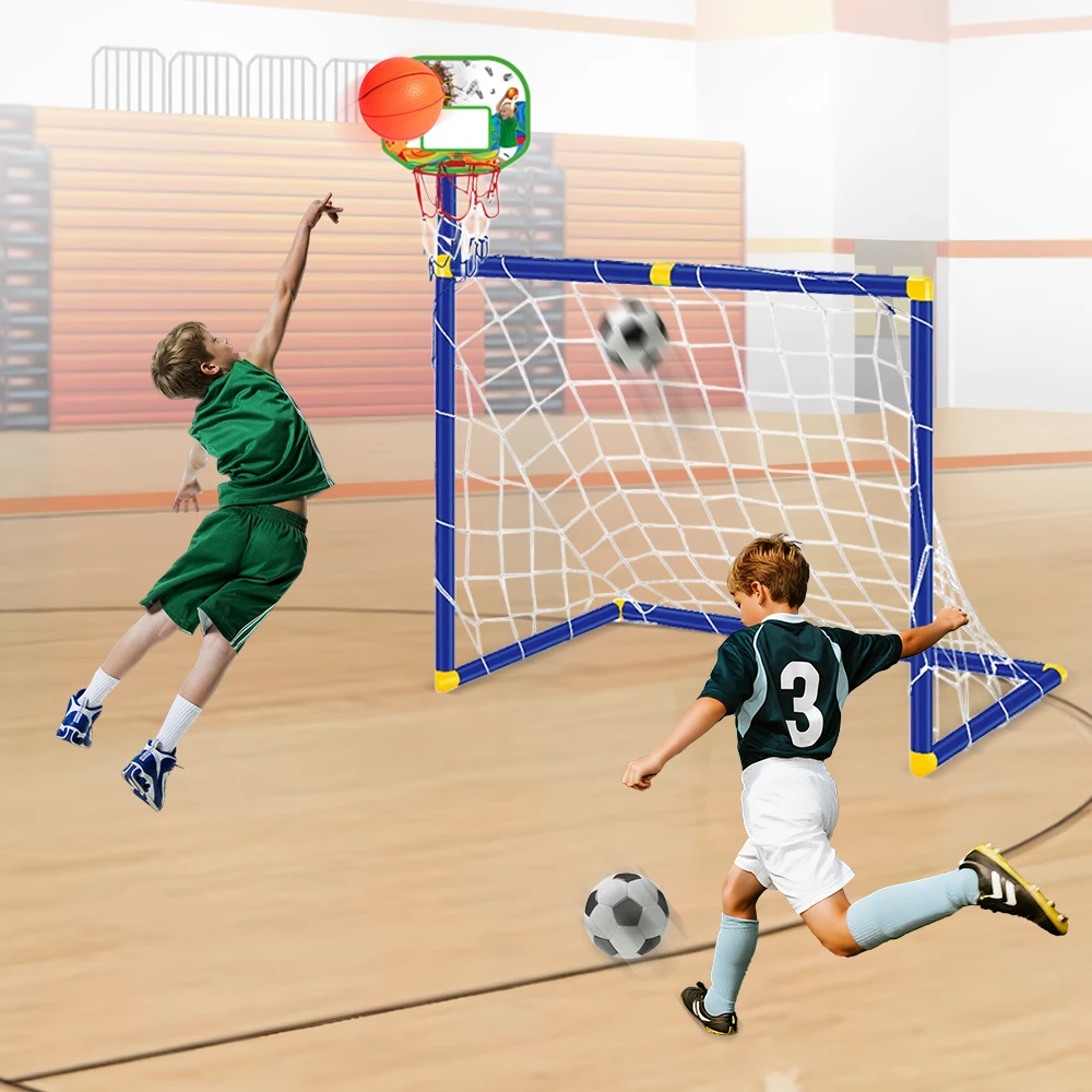 لعبة رياضية 2 في 1 للأطفال: حامل كرة سلة ومرمى كرة قدم محمول للألعاب الداخلية والخارجية، هدايا عيد ميلاد للأولاد والأطفال