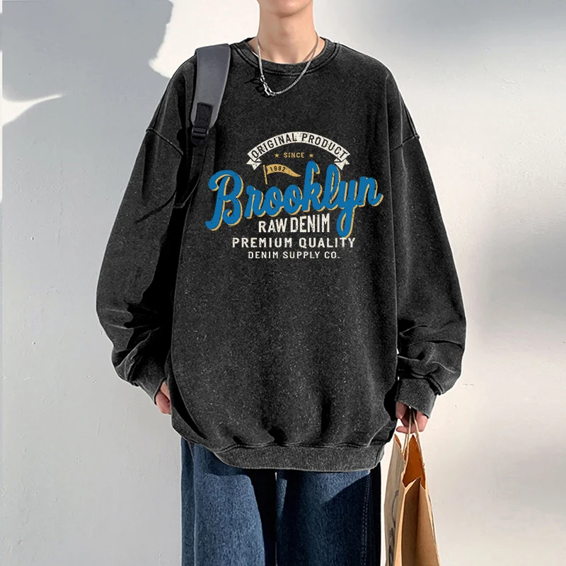 

Autumn Men Washed Hoodie 1982 In Brooklyn Street Letter Printed Sweatshirts Cotton Oversize Warm Pullovers Casual Couple Clothes