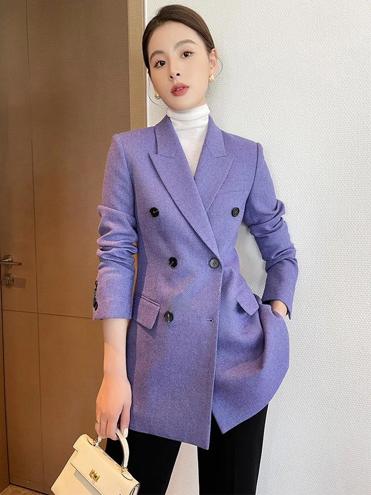 

MU Women's Purple Woolen Suit Jaet Autumn Winter 2024 New Sle Commute Stripe Pattern Double Breasted Slim Fit Coat