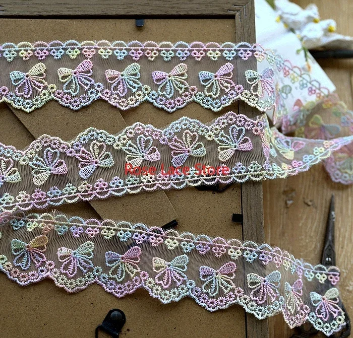 5 yards Colorful bow embroidery Lace Trim,pink flower tulle lace trim, For Wedding Gown,Bridal Hairban,Girl dress,bridal veil