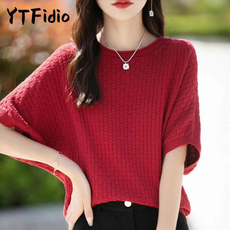 YTFidio 100% algodón mujer cuello redondo media manga pulóver camisa elegante ropa de diseñador de lujo mujer de talla grande 327