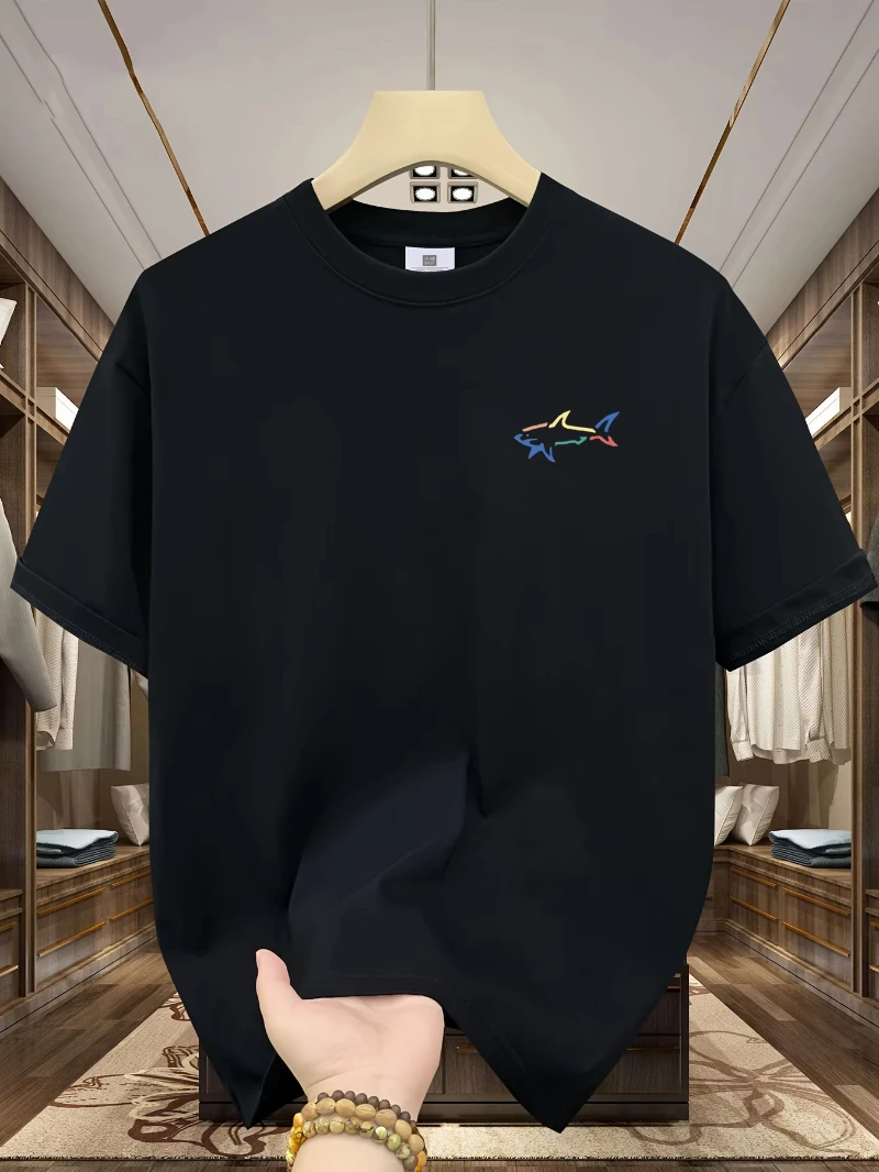

Men's summer 100 cotton fashionable casual loose plus size shark pattern printed sports round neck short sleeved T-shirt top