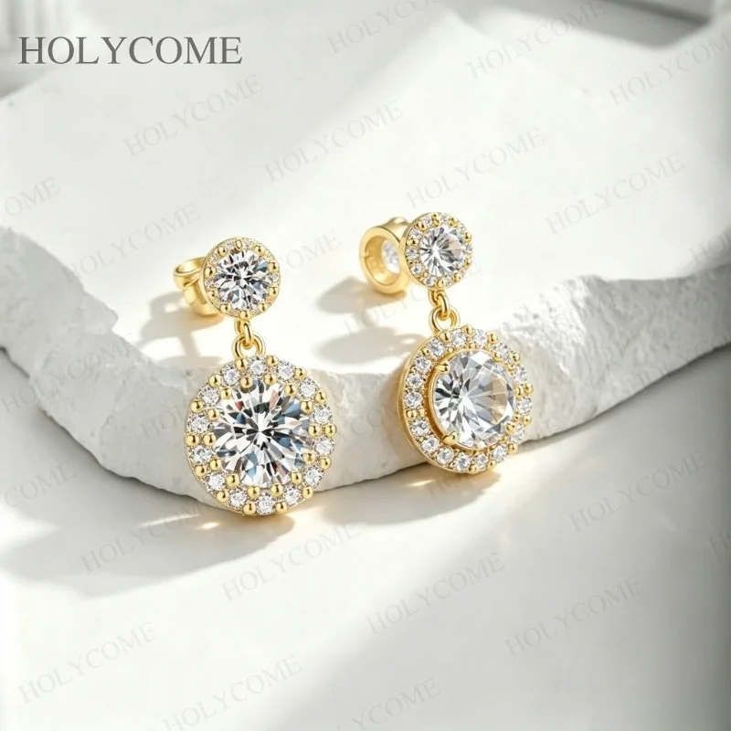 925 Sterling Silber Moissanit Halo Tropfen-Ohrringe Runder Brillantschliff Hängeohrringe für Damen Brautschmuck – Detail 14