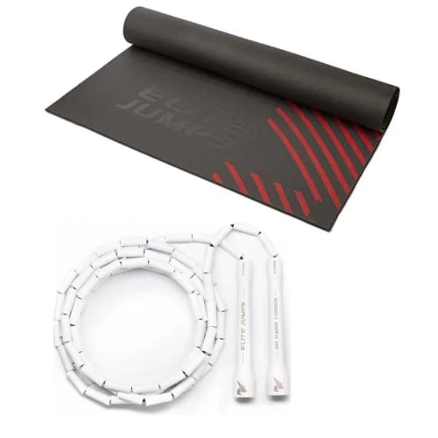 

Home Workout Exercise Mat - White Beaded Jump Rope with Large Non-Slip Indoor/Outdoor Mat - Strong Durable Materials for Elite